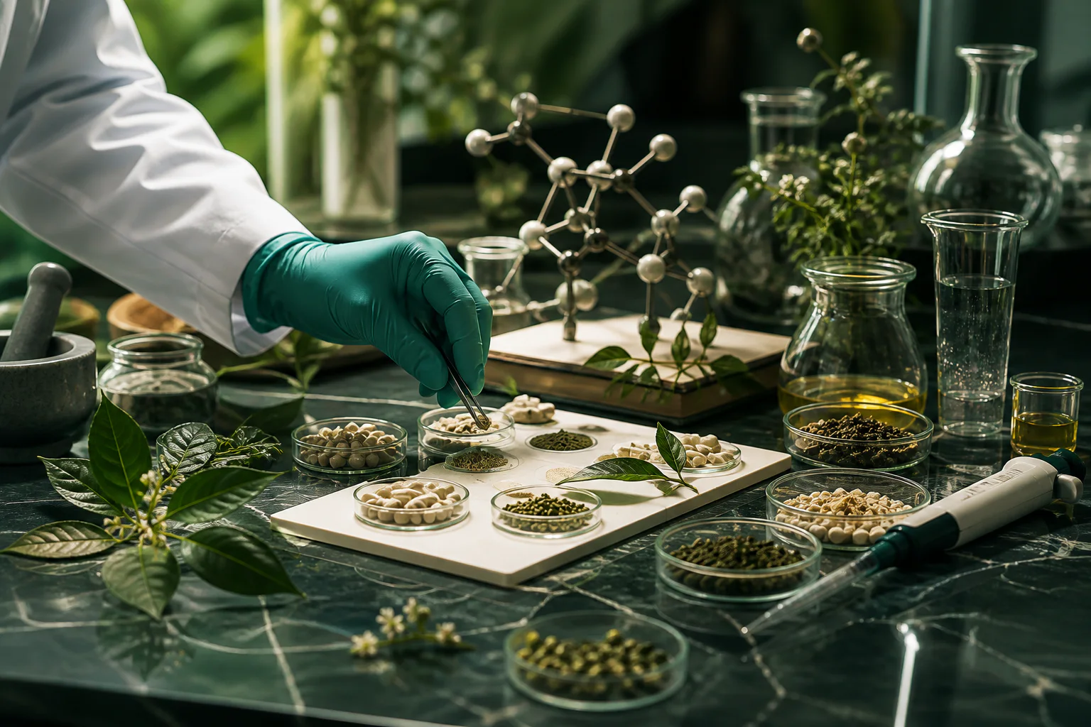 Botanical ingredients and laboratory samples prepared for nutrition application planning