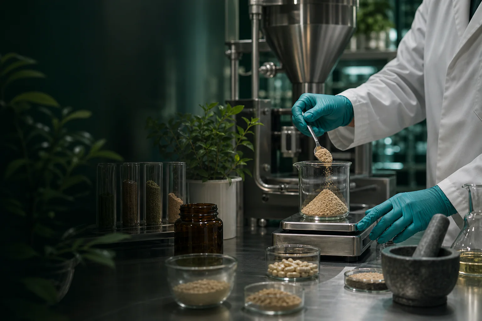 Gloved formulation specialist measuring botanical powder in a supplement pilot laboratory