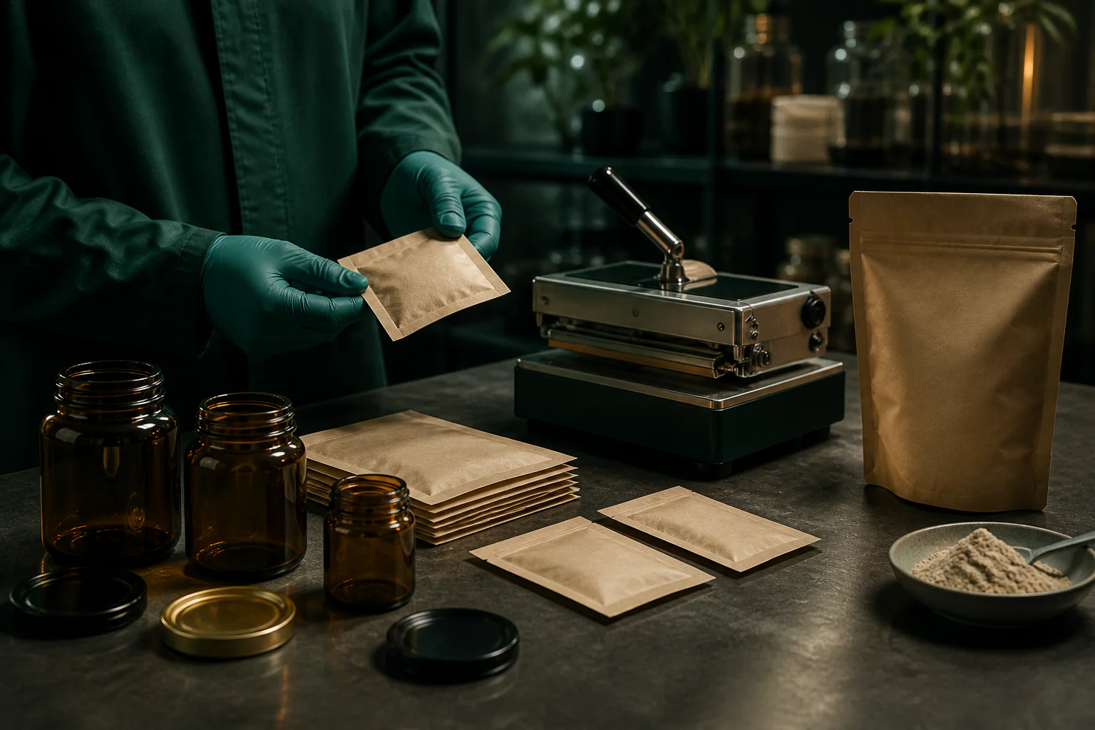 Blank supplement jars and sachets arranged beside precision sealing equipment