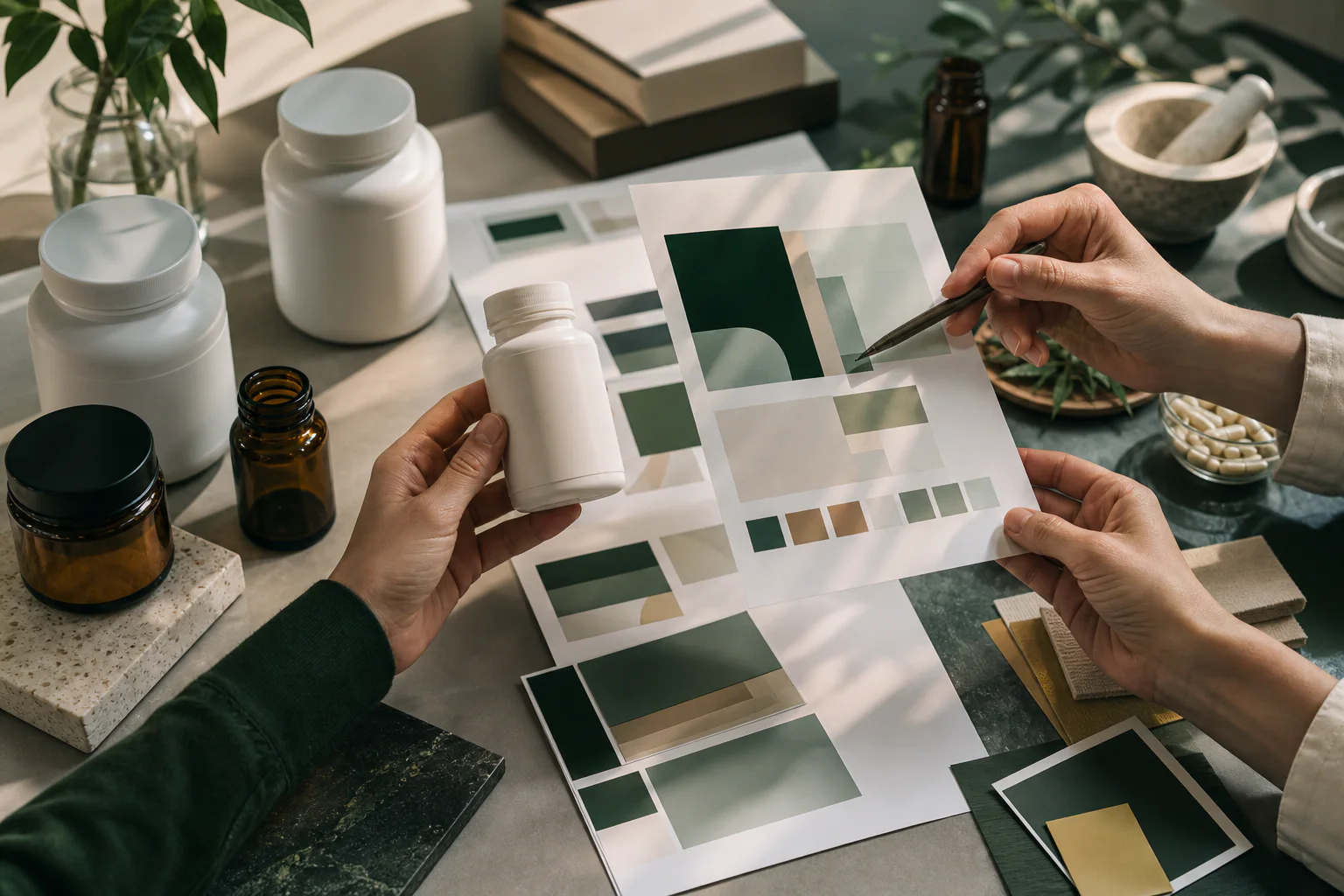 Private label team reviewing color layouts with blank supplement bottles