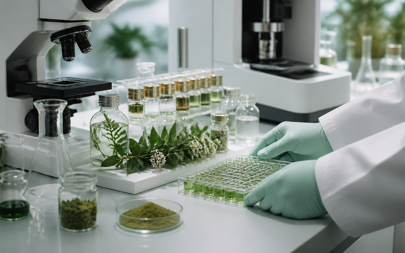 Botanical ingredient samples being tested in a quality assurance laboratory